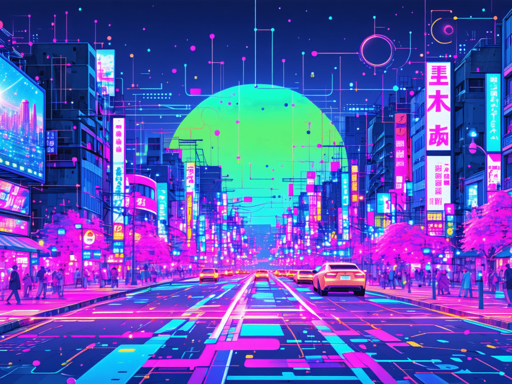 画像: 未来的な都市の夜景が描かれているイラストです。ネオンカラーの看板やピンク色の街路樹が並ぶ通りには、多くの人や車が行き交い、