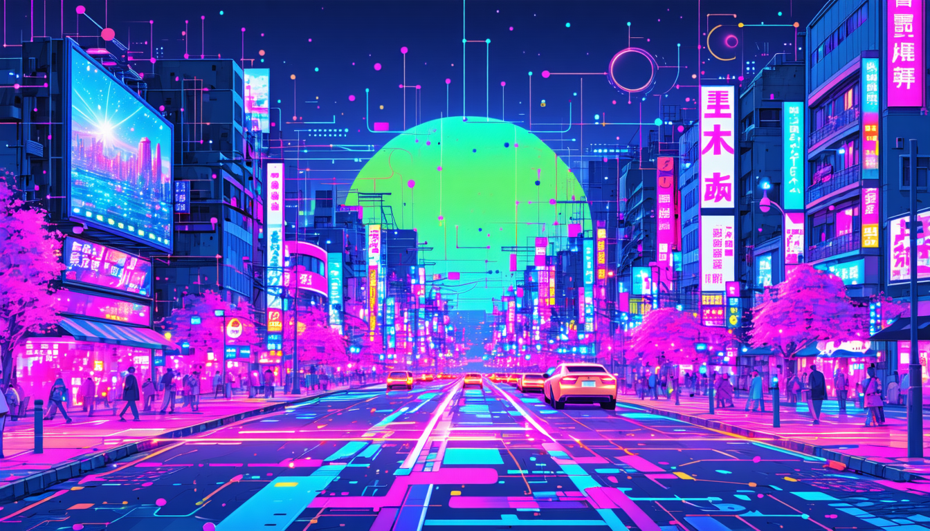 画像: 未来的な都市の夜景が描かれているイラストです。ネオンカラーの看板やピンク色の街路樹が並ぶ通りには、多くの人や車が行き交い、