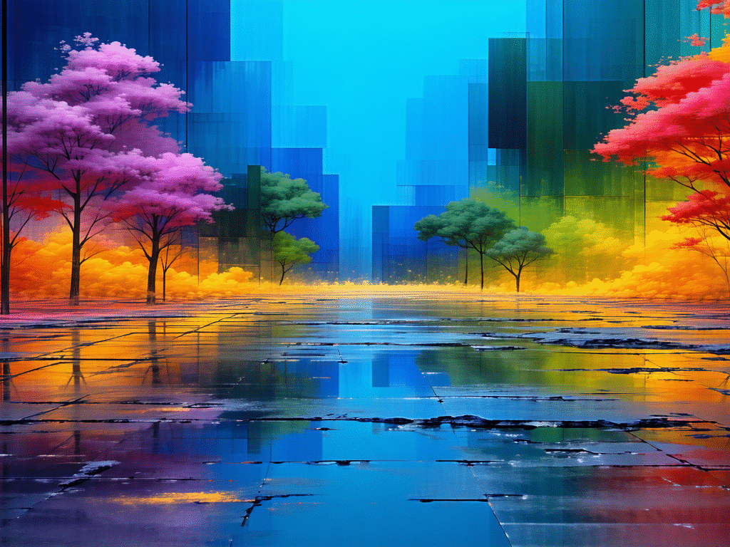 画像: 色彩豊かな未来的な都市風景を描いたアート作品。多様な色合いの木々が並び、路面に鮮やかな反射が見られる。デジタルアート
