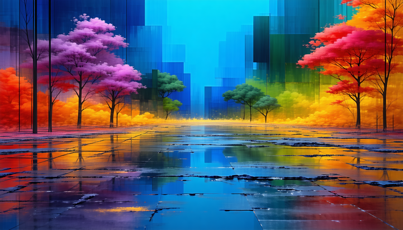画像: 色彩豊かな未来的な都市風景を描いたアート作品。多様な色合いの木々が並び、路面に鮮やかな反射が見られる。デジタルアート