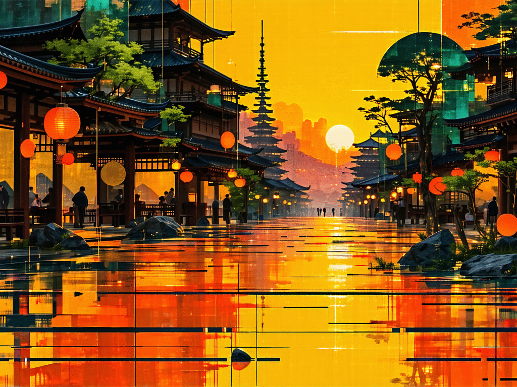 画像: 夕日の中、伝統的な日本の建築スタイルの街並みが美しく描かれています。赤い提灯が連なり、水面に映る風景が幻想的な雰囲気を