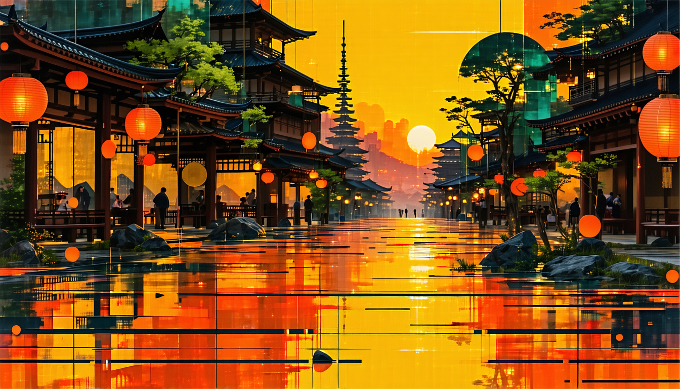 画像: 夕日の中、伝統的な日本の建築スタイルの街並みが美しく描かれています。赤い提灯が連なり、水面に映る風景が幻想的な雰囲気を