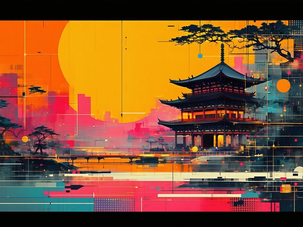 画像: この画像は、デジタルアートスタイルの夕暮れ時の日本の寺院を描いています。鮮やかなオレンジとピンクの背景に浮かぶ伝統的な日本建築