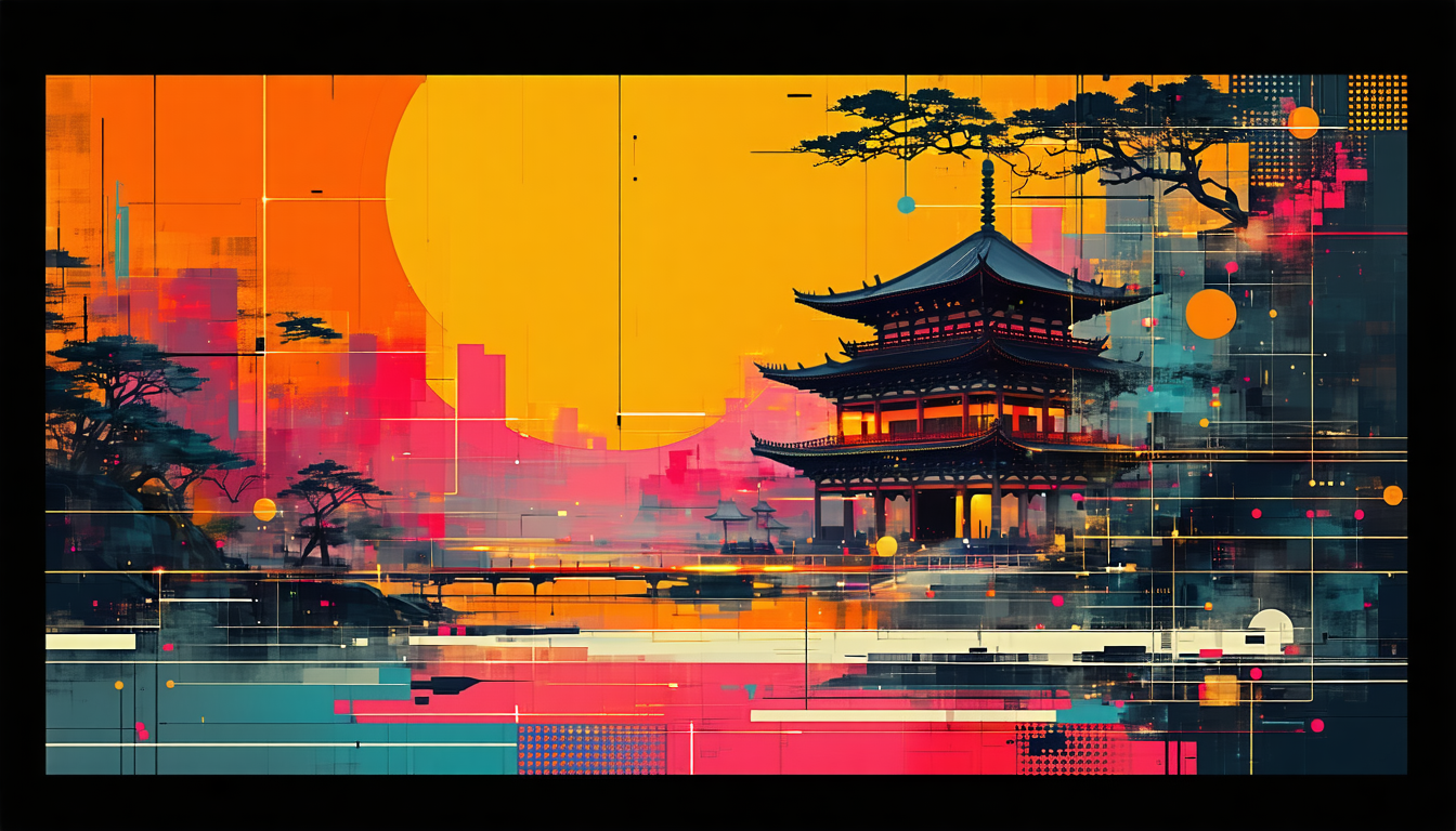 画像: この画像は、デジタルアートスタイルの夕暮れ時の日本の寺院を描いています。鮮やかなオレンジとピンクの背景に浮かぶ伝統的な日本建築